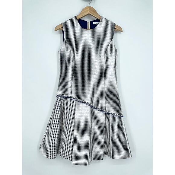 ADEAM Tweed Dress Sleeveless Plaid Fringe Trim Asymmetric Mini Dress - Picture 1 of 13